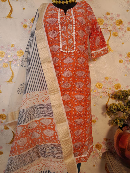 RUST COLOR MAHESHWARI SILK BLOCK PRINT SUIT