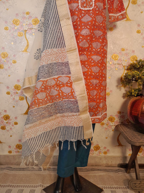 RUST COLOR MAHESHWARI SILK BLOCK PRINT SUIT