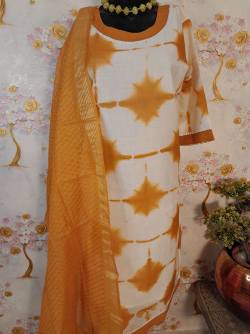 MUSTART YELLOW COLOR SHIBORI PRINT CHANDERI SILK SUIT