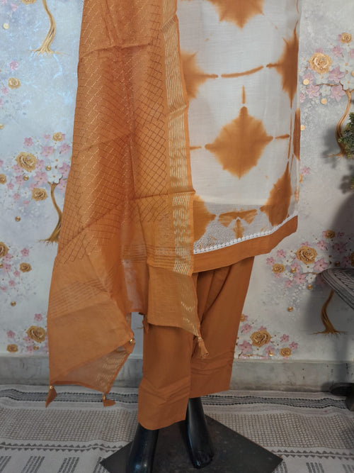 MUSTART YELLOW COLOR SHIBORI PRINT CHANDERI SILK SUIT