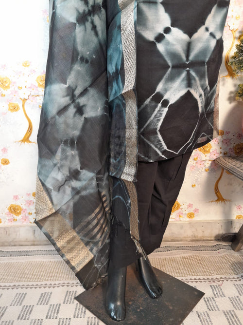 BLACK COLOR SHIBORI PRINT MAHESHWARI SILK SUIT