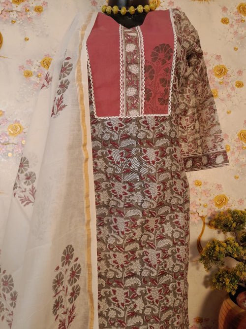 GREY COLOR HANDLOOM CHANDERI SILK BLOCK PRINT SUIT