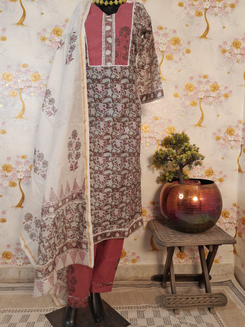 GREY COLOR HANDLOOM CHANDERI SILK BLOCK PRINT SUIT