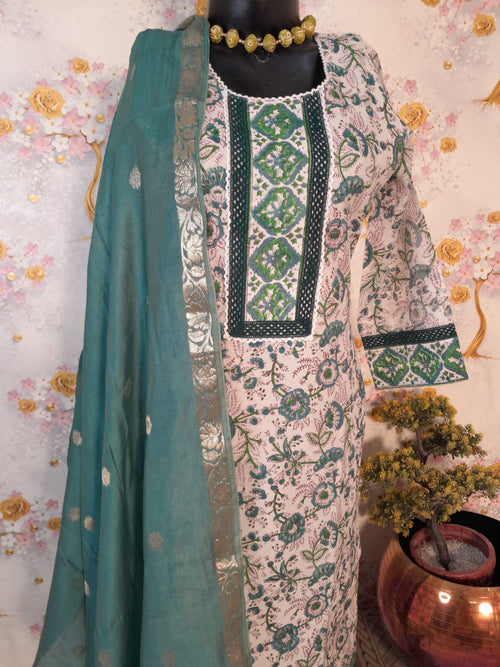 PERAL WHITE HANDLOOM CHANDERI SILK BLOCK PRINT SUIT