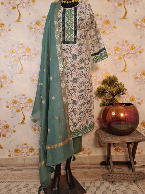 PERAL WHITE HANDLOOM CHANDERI SILK BLOCK PRINT SUIT