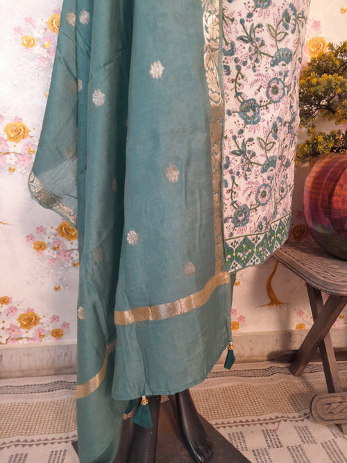 PERAL WHITE HANDLOOM CHANDERI SILK BLOCK PRINT SUIT