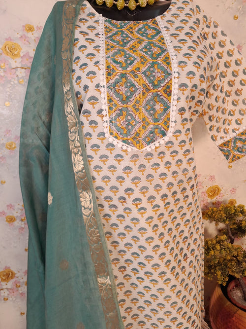 PERAL WHITE HANDLOOM CHANDERI SILK BLOCK PRINT SUIT
