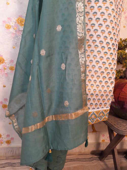 PERAL WHITE HANDLOOM CHANDERI SILK BLOCK PRINT SUIT