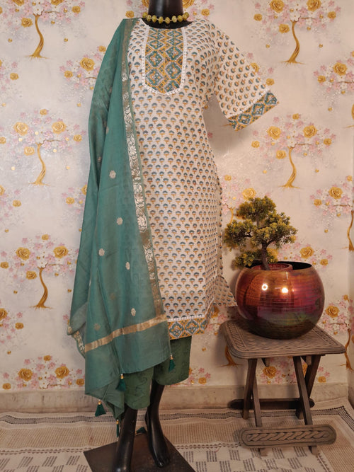 PERAL WHITE HANDLOOM CHANDERI SILK BLOCK PRINT SUIT