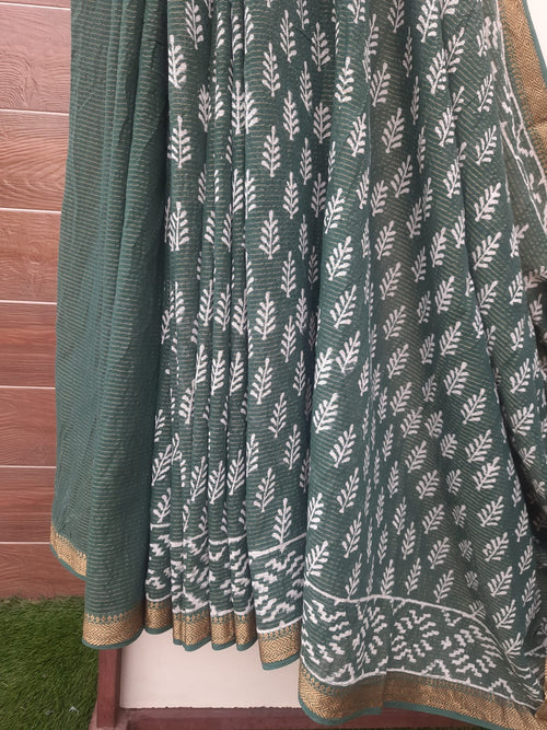 Dark Green Color Mulmul Cotton Saree