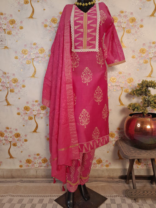 MAGENTA COLOR HANDLOOM CHANDERI BLOCK PRINT SUIT WITH DUPATTA