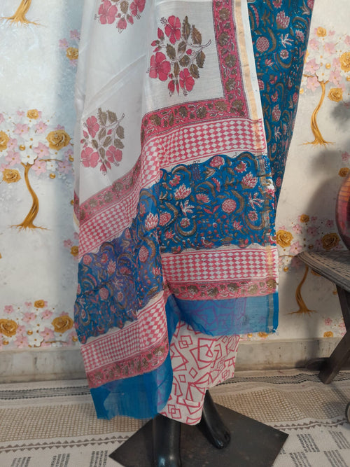 CARBON BLUE HANDLOOM CHANDERI SILK BLOCK PRINT SUIT