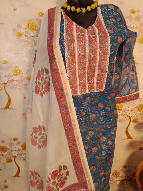 CARBON BLUE HANDLOOM CHANDERI SILK BLOCK PRINT SUIT