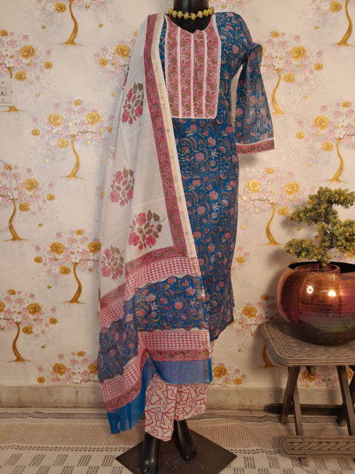 CARBON BLUE HANDLOOM CHANDERI SILK BLOCK PRINT SUIT