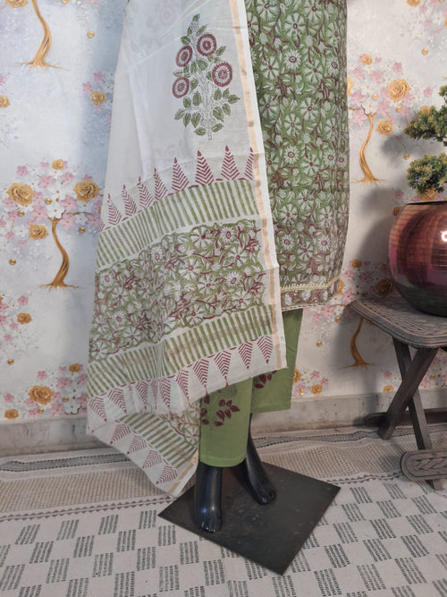 PASTEL GREEN HANDLOOM CHANDERI SILK BLOCK PRINT SUIT