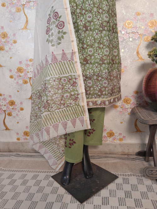 PASTEL GREEN HANDLOOM CHANDERI SILK BLOCK PRINT SUIT