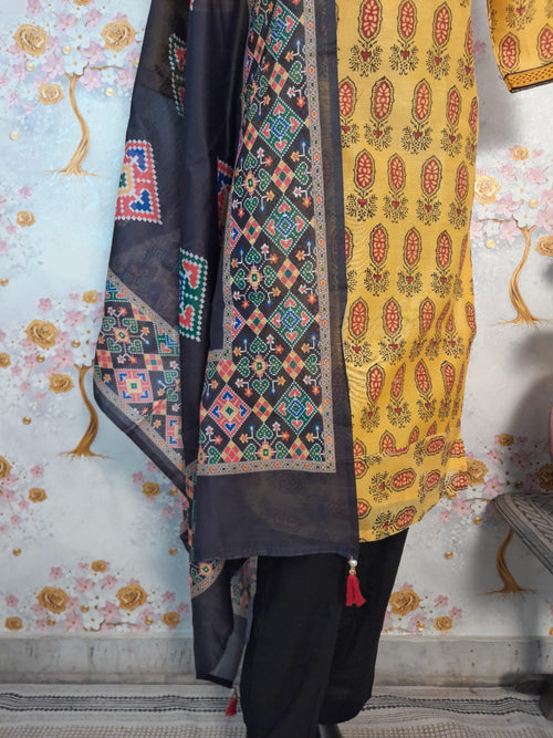 MANGO YELLOW COLOR DIGITAL PRINT HANDLOOM CHANDERI SILK SUIT