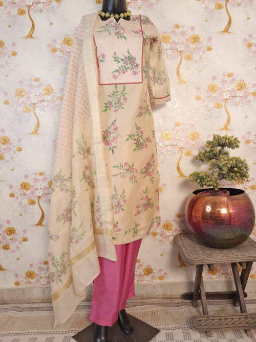 BEIGE WITH PINK FLORAL PRINT HANDLOOM CHANDERI SILK SUIT