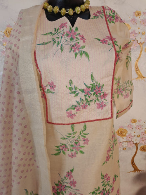 BEIGE WITH PINK FLORAL PRINT HANDLOOM CHANDERI SILK SUIT