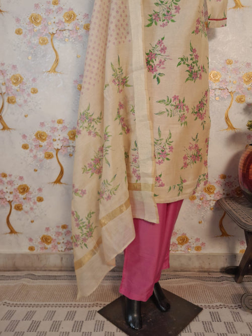 BEIGE WITH PINK FLORAL PRINT HANDLOOM CHANDERI SILK SUIT