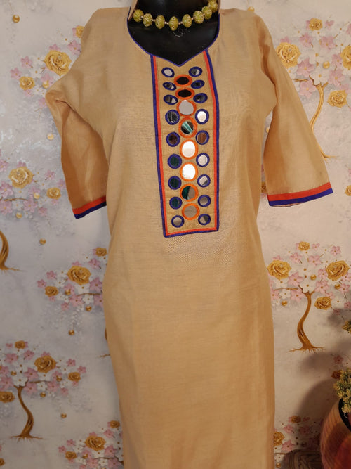 Beige Color Handloom Chanderi Silk Mirror Work Suit