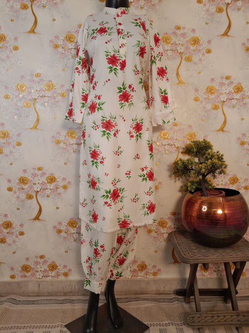 Peral White Slub Cotton Floral print suit