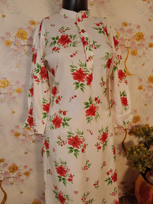Peral White Slub Cotton Floral print suit