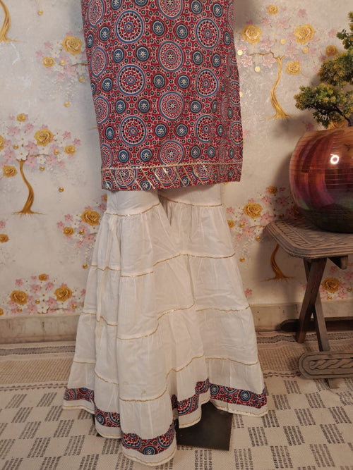 Ajrakh Print Cotton Suit With Sharara