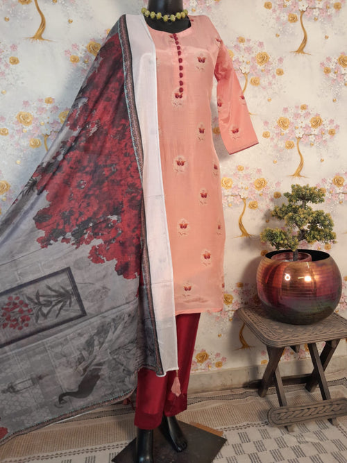 Peach Color Soft Silk Digital print Suit With Chinon Silk Dupatta