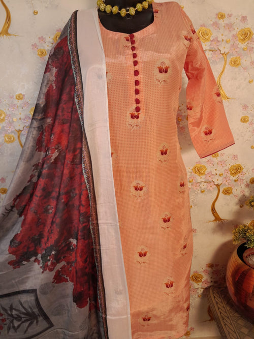 Peach Color Soft Silk Digital print Suit With Chinon Silk Dupatta