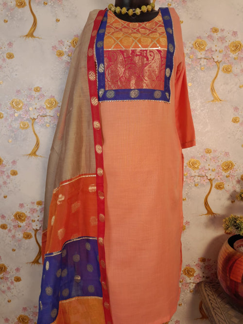 Designer Peach Color Handloom Cotton Patch Work Suit