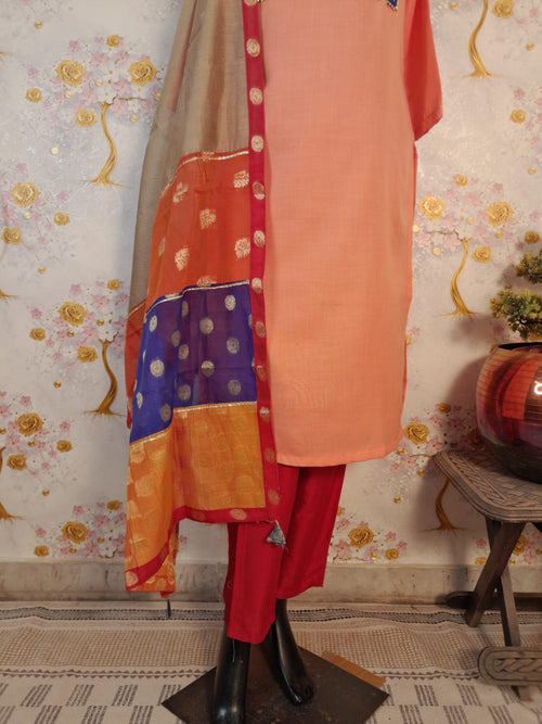 Designer Peach Color Handloom Cotton Patch Work Suit