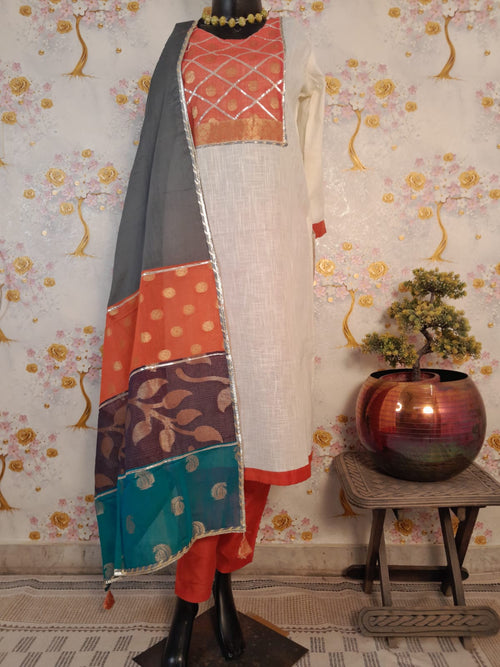 Peral White Handloom Cotton Designer Patch work Suit