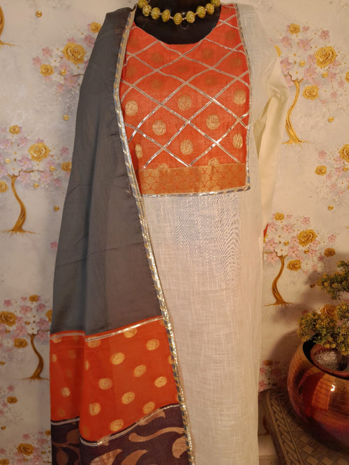 Peral White Handloom Cotton Designer Patch work Suit