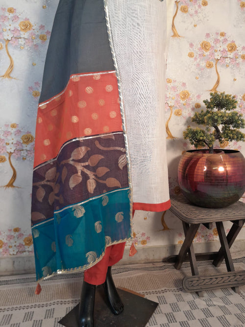 Peral White Handloom Cotton Designer Patch work Suit