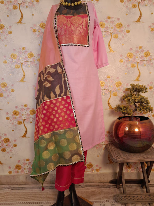 Designer Pink Handloom Cotton Patch Work Suit