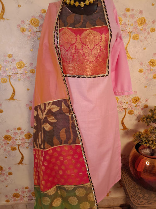Designer Pink Handloom Cotton Patch Work Suit