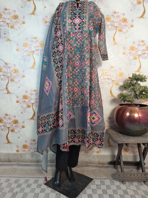 Grey Color Patola Print Soft Silk Kali Kurta With Pant