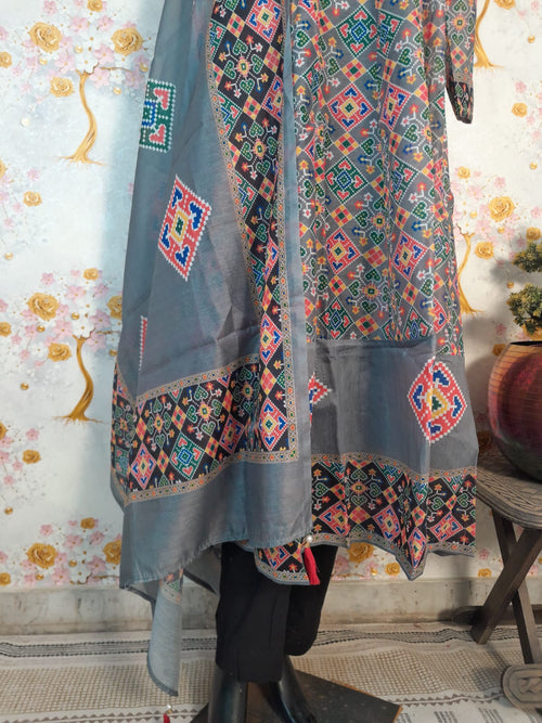 Grey Color Patola Print Soft Silk Kali Kurta With Pant
