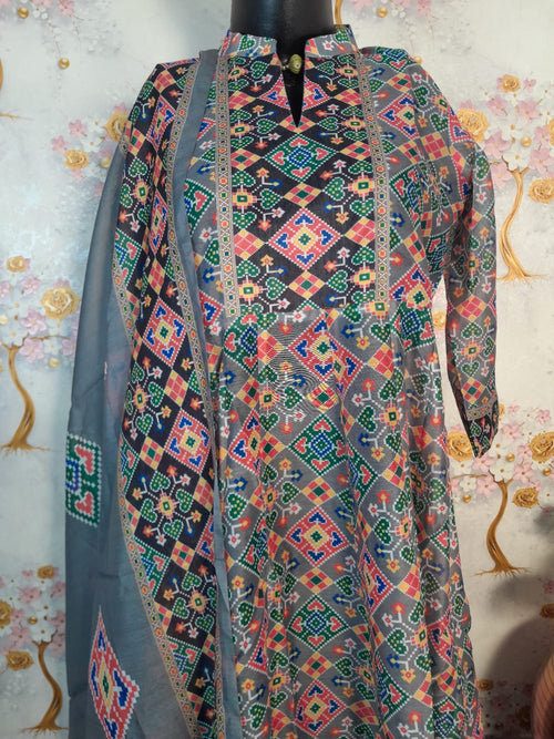 Grey Color Patola Print Soft Silk Kali Kurta With Pant