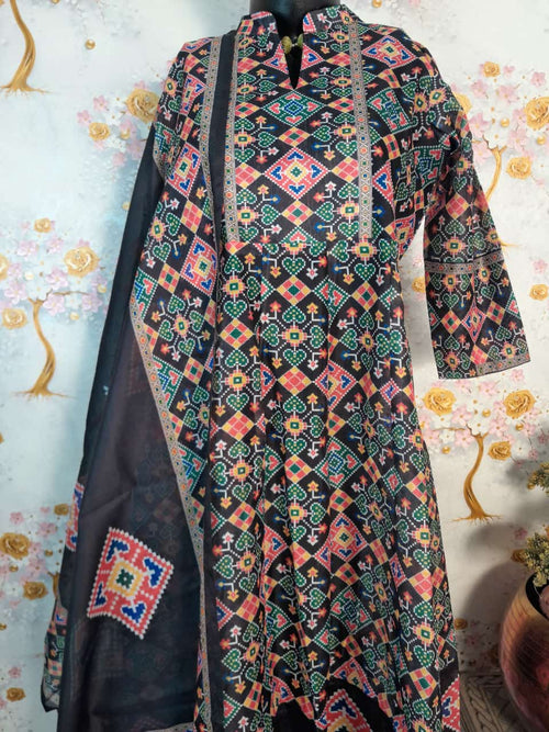 Black Color Patola Print Soft Silk Kali Kurta with Pant