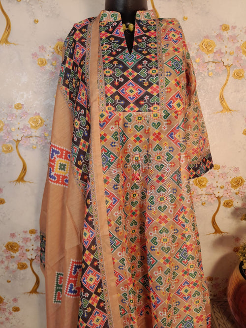 Beige Color soft Silk Patola Print Kali Kurta With Pant