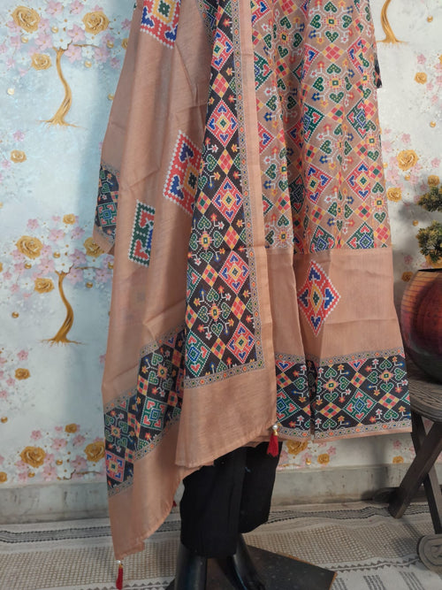 Beige Color soft Silk Patola Print Kali Kurta With Pant