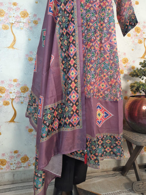 Lavender Color Patola Print Soft Silk Kali Kurta With Pant