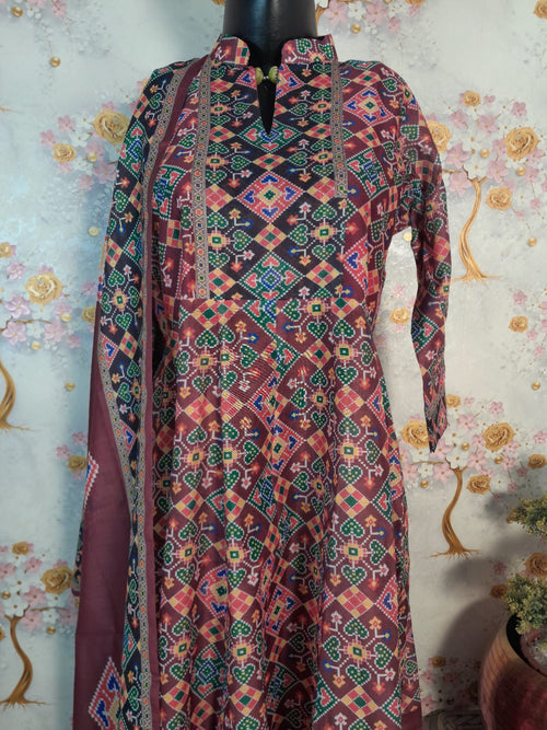 Patola Print Soft Silk Kali Kurta with Pant