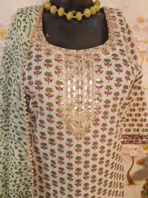 Peral white Color Cotton Gotta Patti Work suit