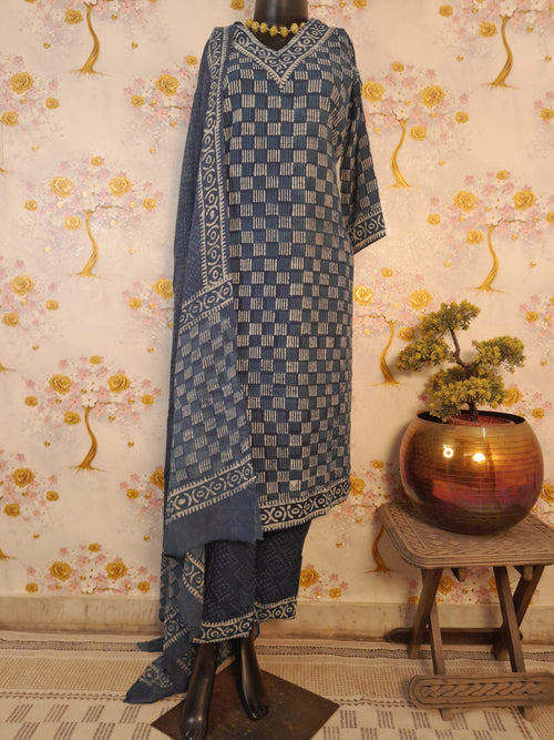 Indigo Blue Cotton Hand Block Print Suit