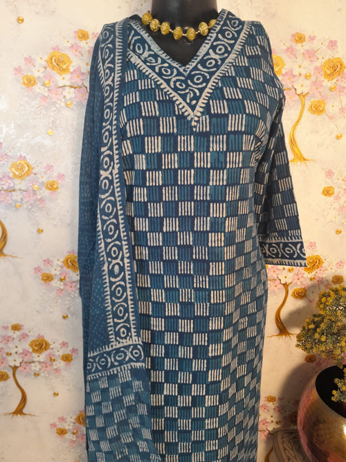 Indigo Blue Cotton Hand Block Print Suit