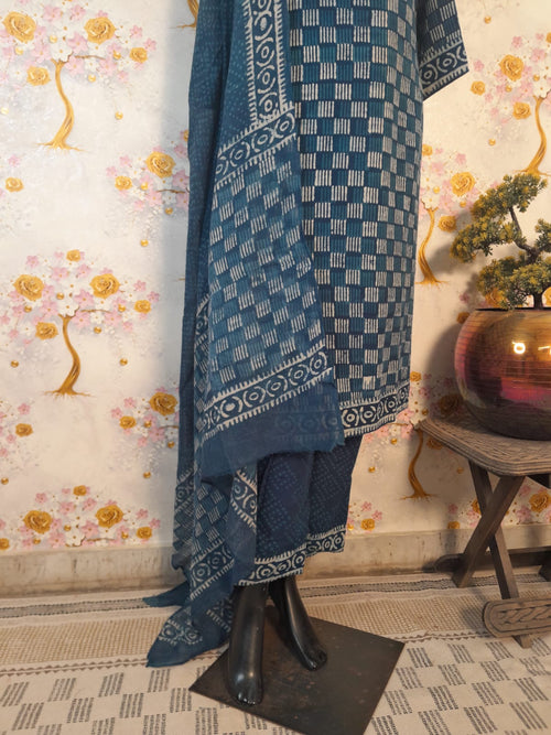 Indigo Blue Cotton Hand Block Print Suit