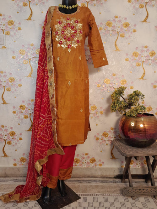 Golden Brown Soft Silk Aari Work Suit With Bandhej Dupatta